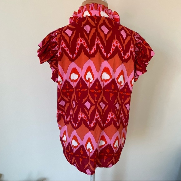 Feather & Find Ruffle Trim Tie V-Neck Red Multi Printed Rayon Paradiso Top EUC S - Picture 3 of 9